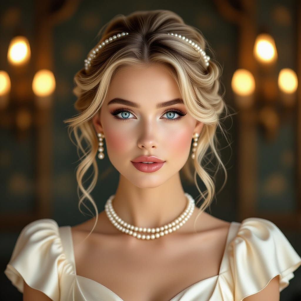 Photograph of a fair-skinned, blonde woman with blue eyes, s...