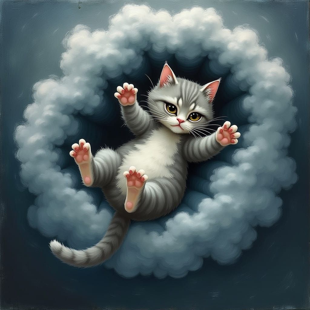 Whimsical Cat Falls Through Mystical Stormcloud