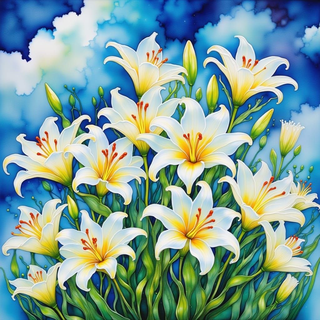 Vibrant Glossy Watercolor Lily Garden with Blue Sky