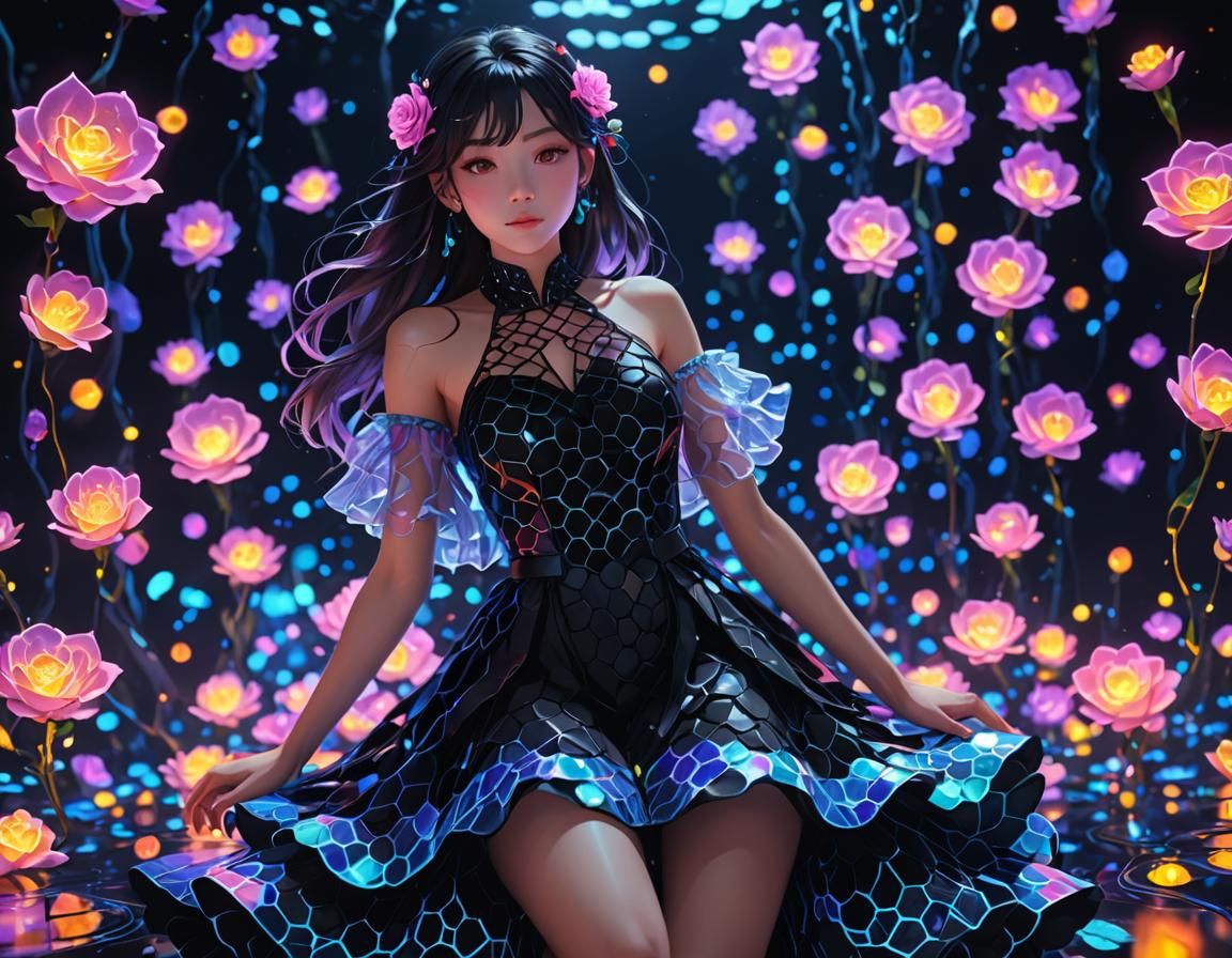 Holographic Honeycomb Dress in Neon Anime Style