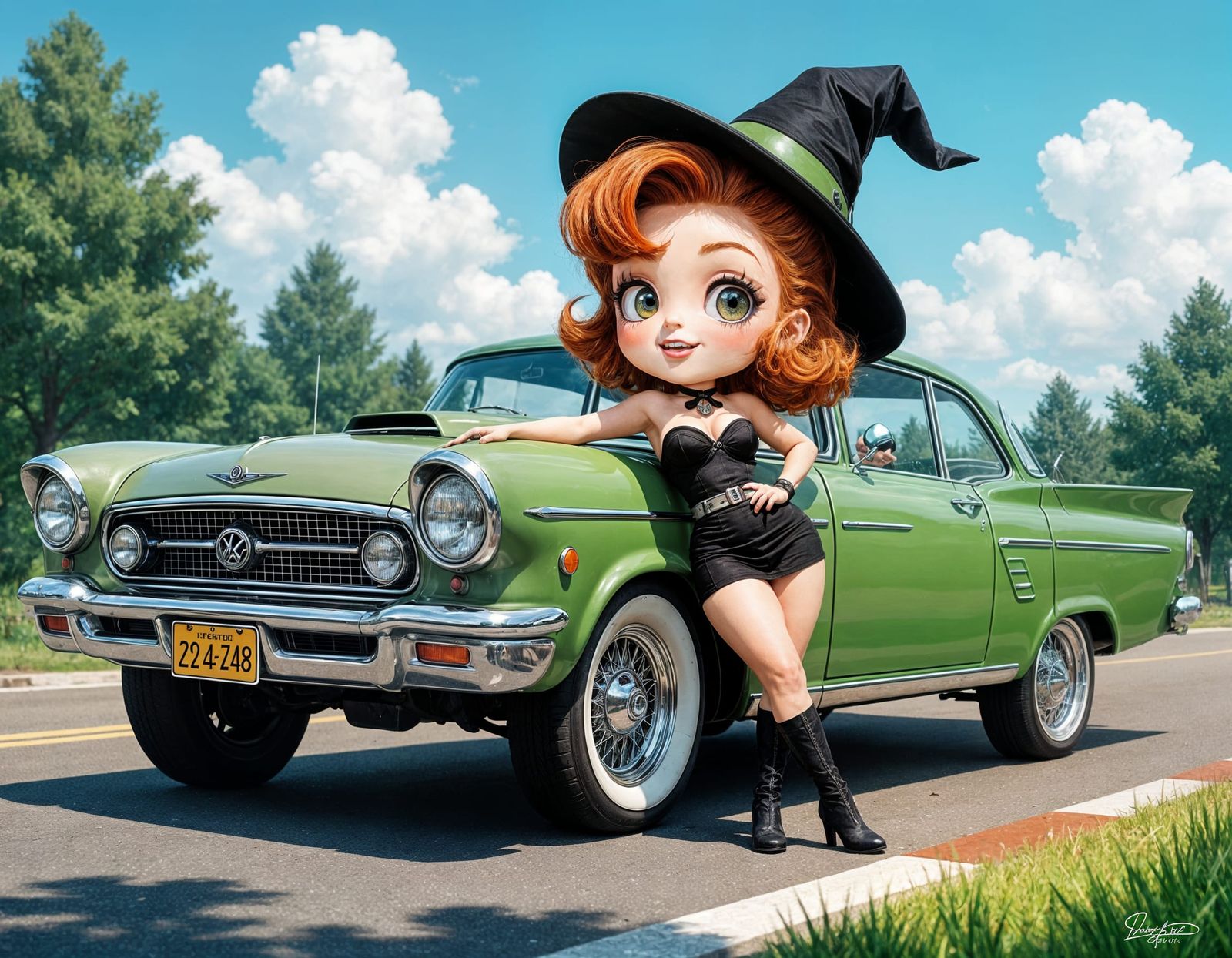 Chibi Witch Leans on Muscle Car in 1950s Racer Dress