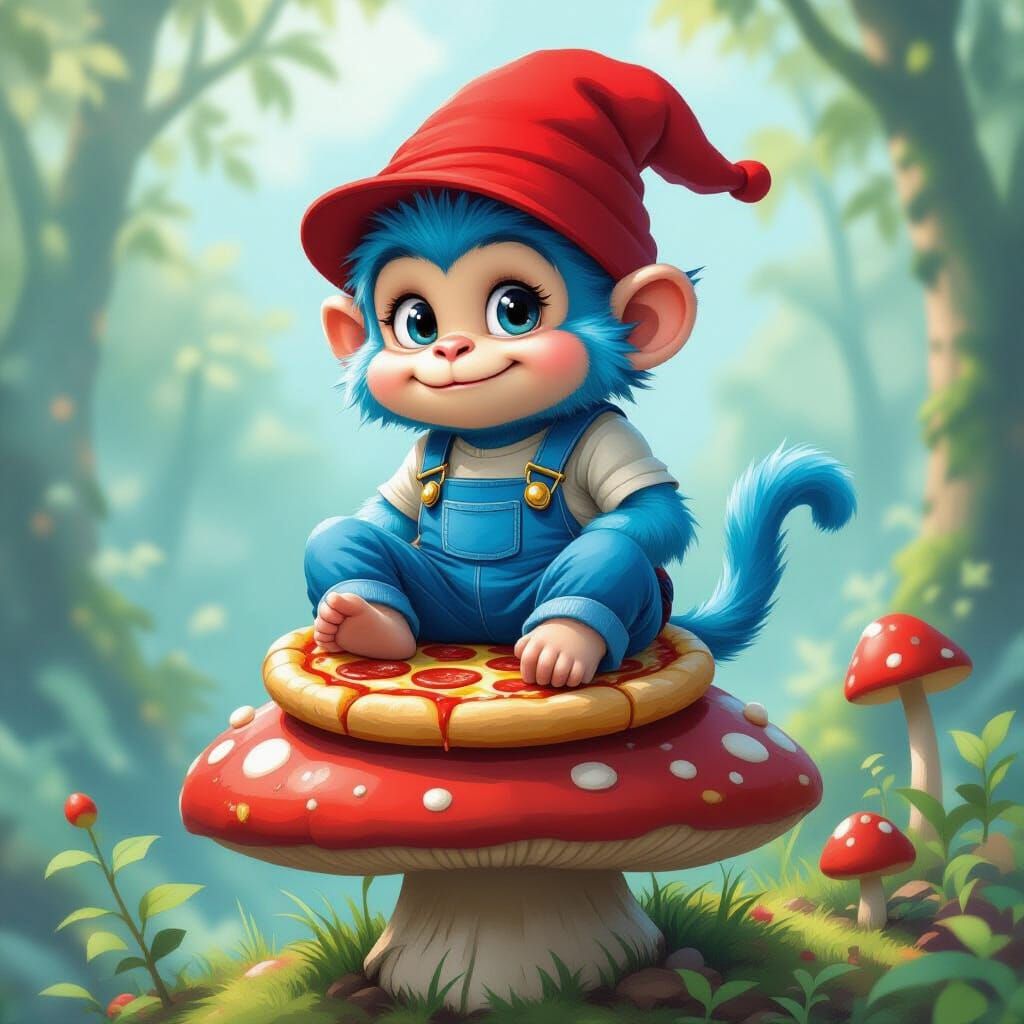 Smurf Monkey Pizza Hybrid on Mushroom, Digital Art