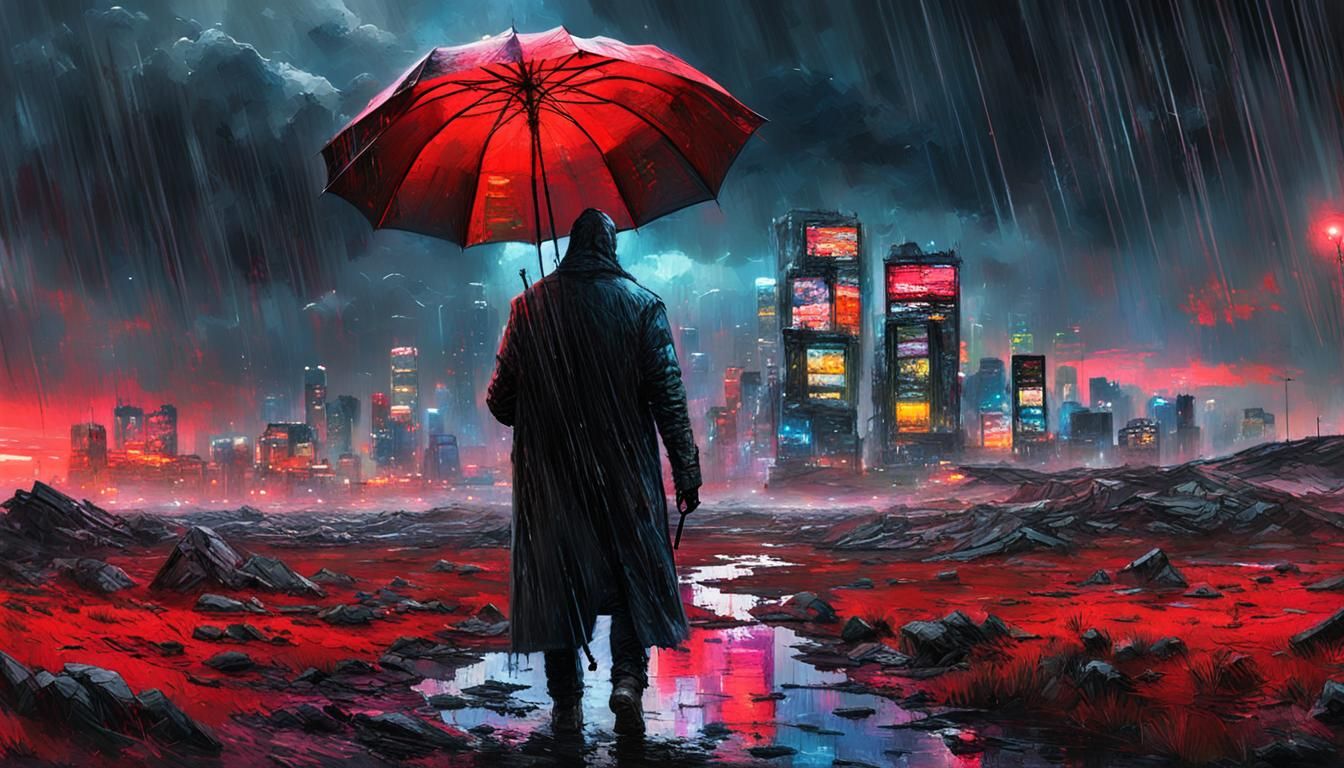 Night Umbrella in Digital Wasteland: Fine Art Style