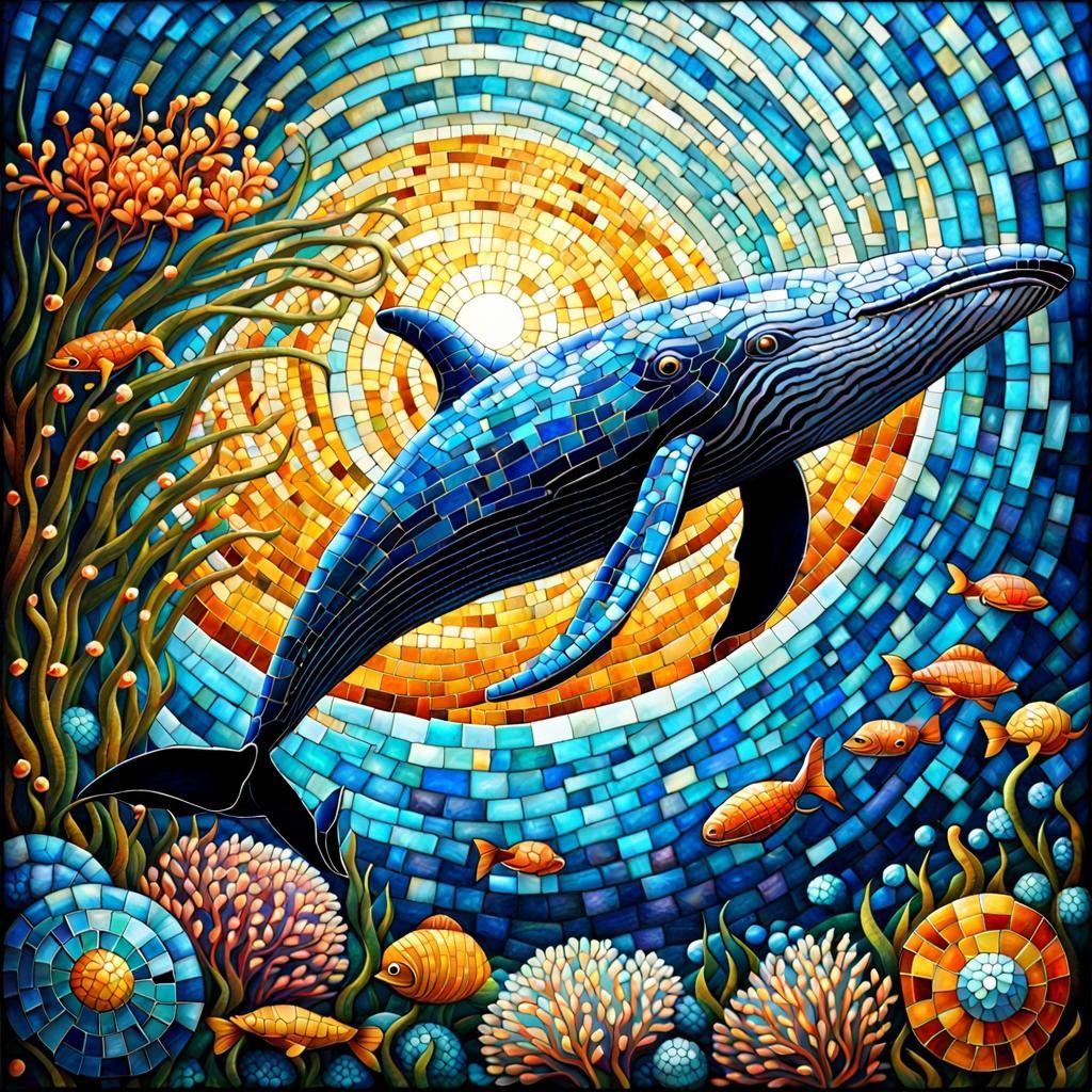 Underwater Whale Mosaic in Pointillist Style