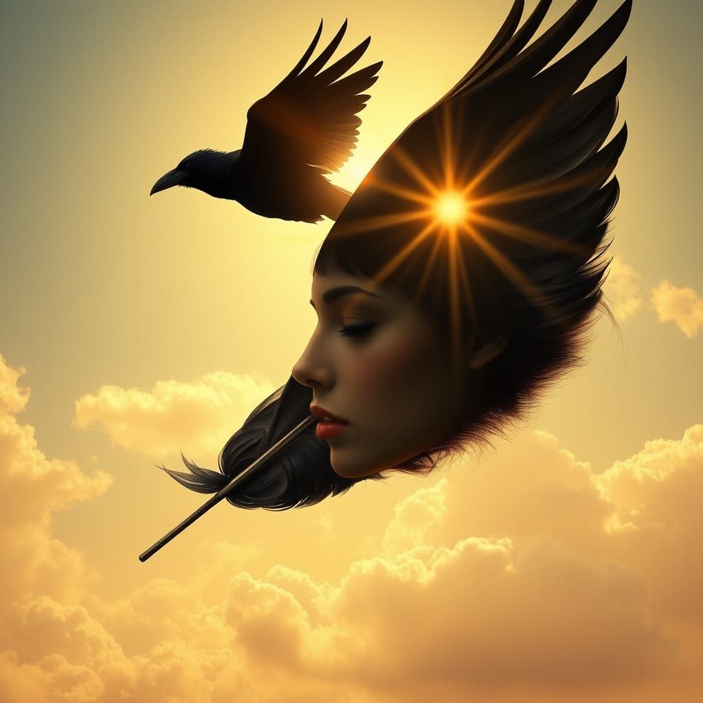 Surreal Dreamlike Scene with Majestic Feather and Contemplat...