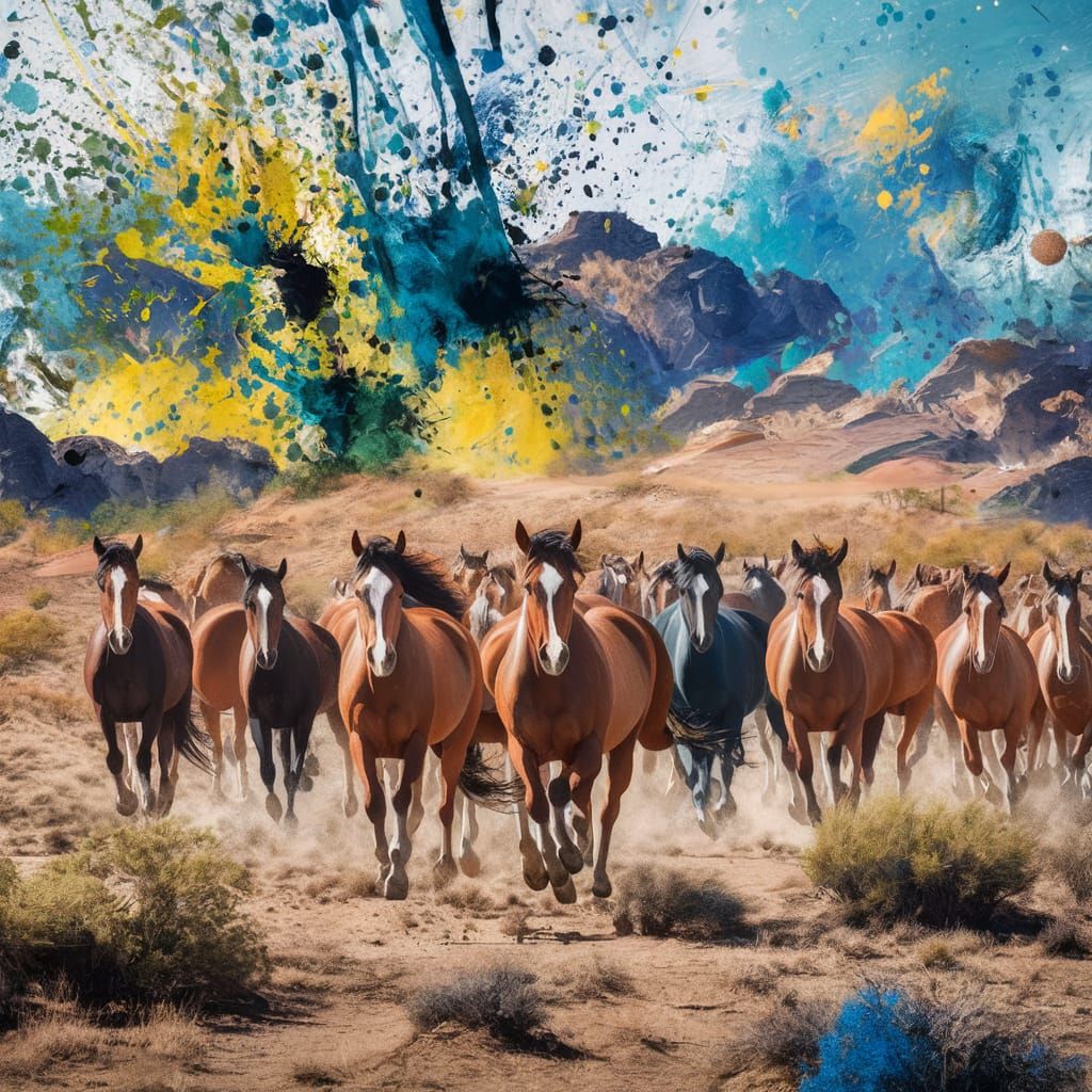 Horses Galloping in Desert Landscape Watercolor