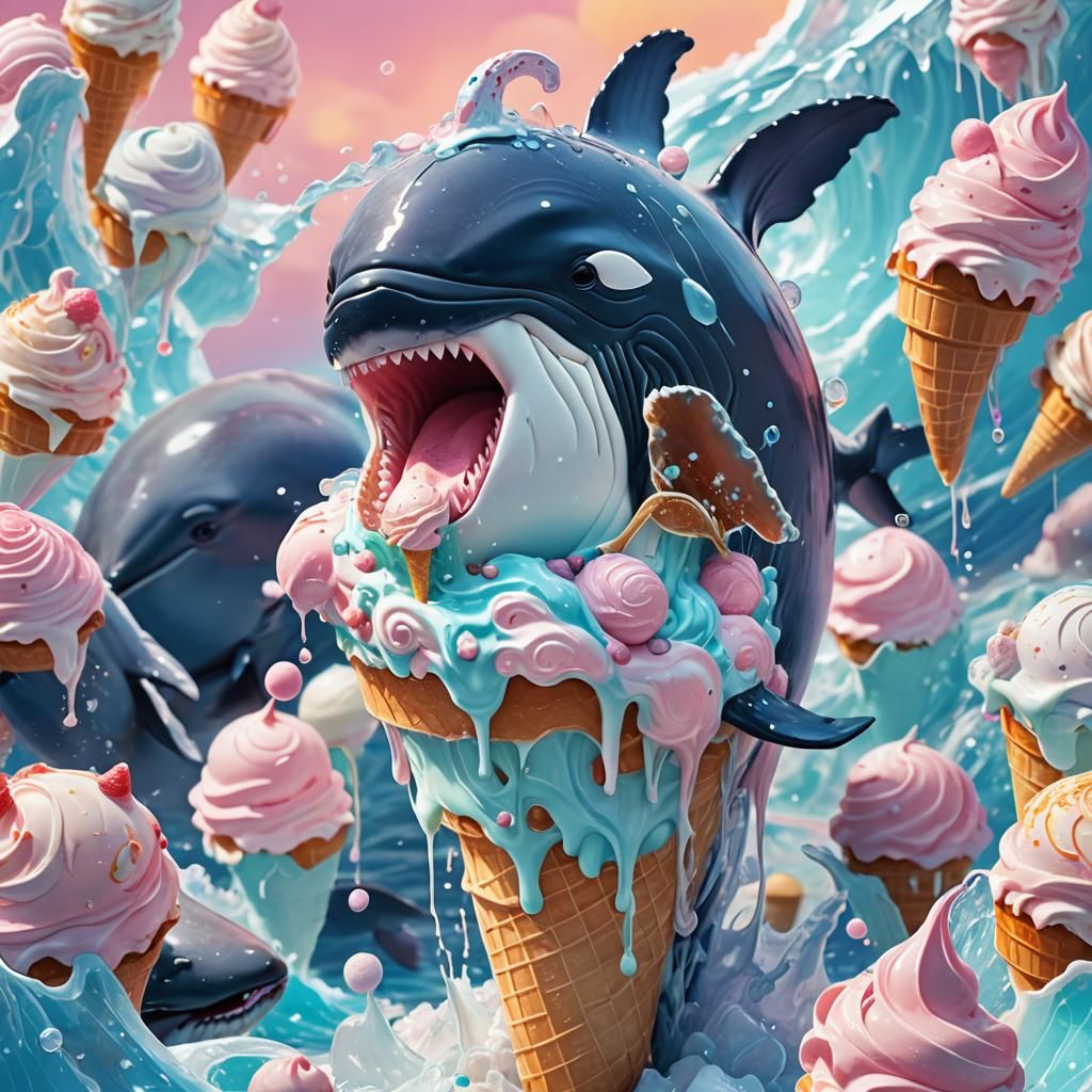 Whale Eating Ice Cream in Pastel Ocean: 3D Anime Art