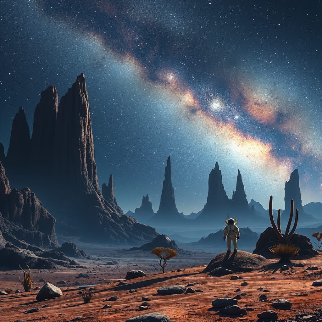Astronaut on Alien Planet Gazing at Milky Way