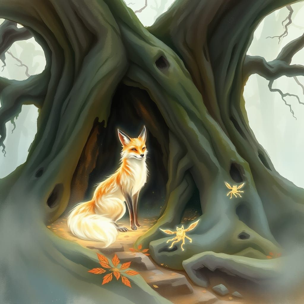 A spectral fox, shimmering with ethereal light, emerges from...