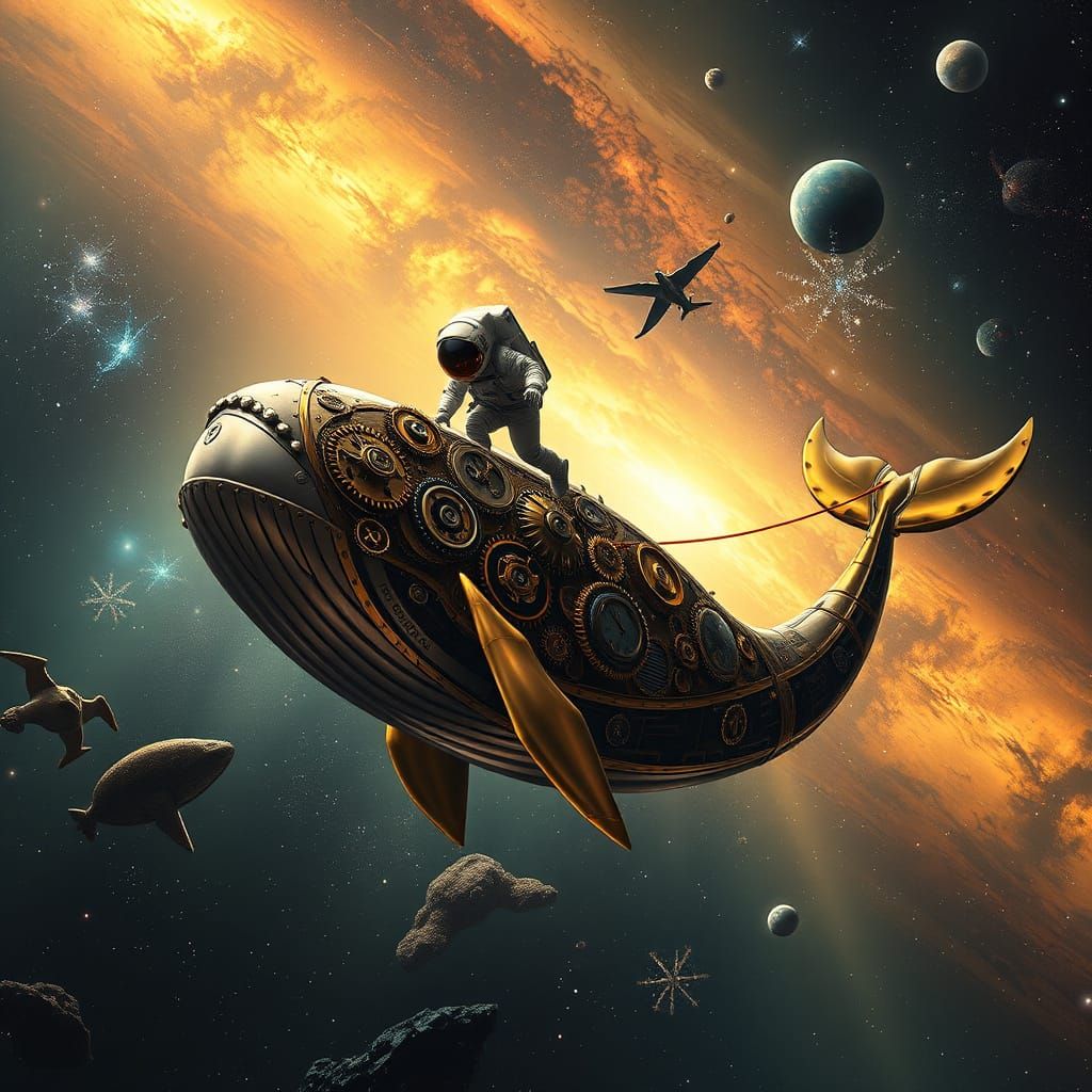 Astronaut and Clockwork Whale in Cosmic Expanse