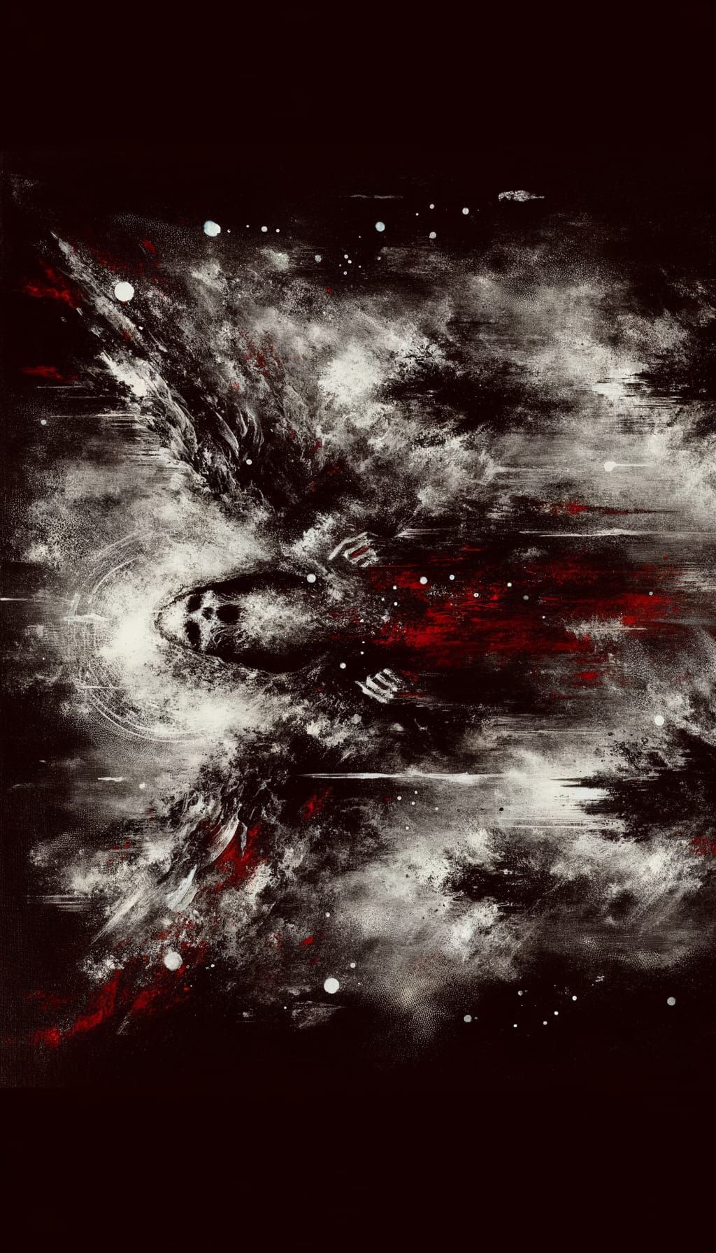 Monochrome Horror Painting of Fallen Angel in Red