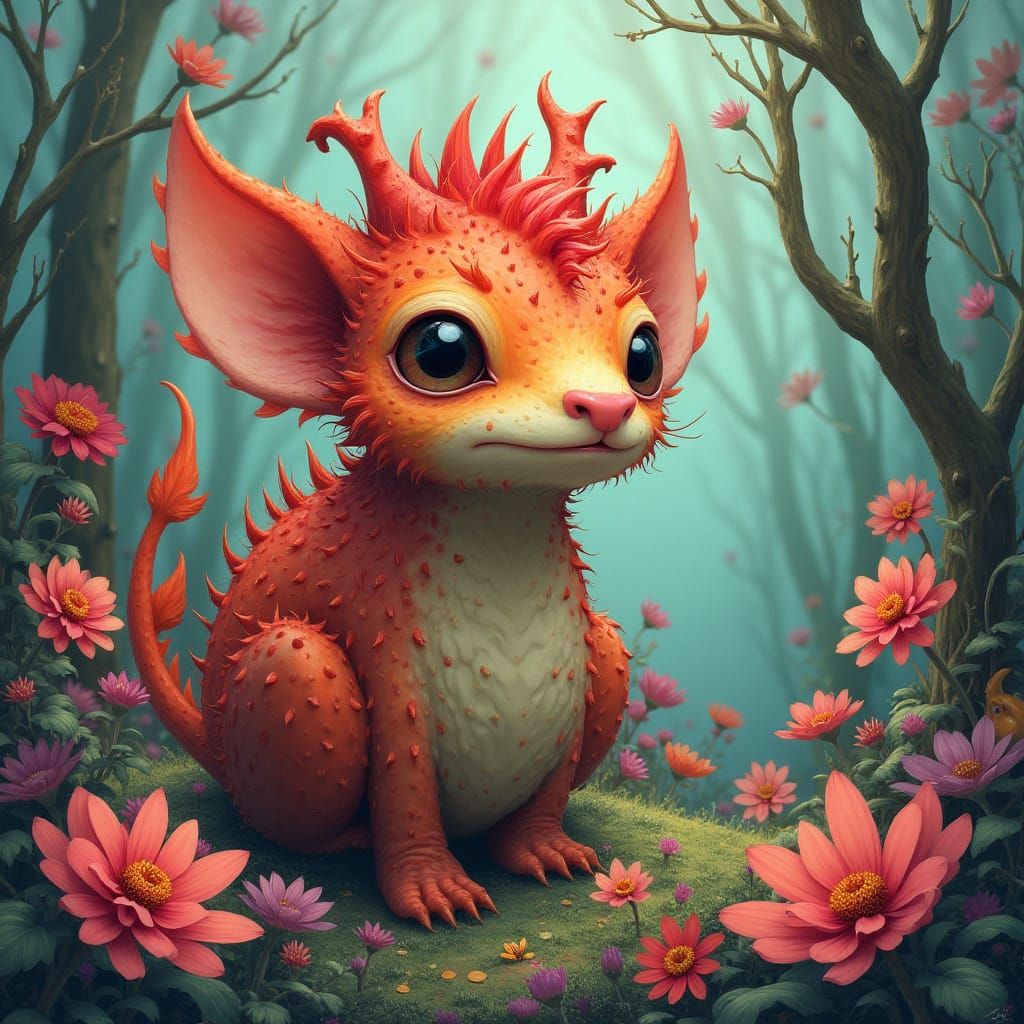 Whimsical Zuze Creature in Vibrant Flora