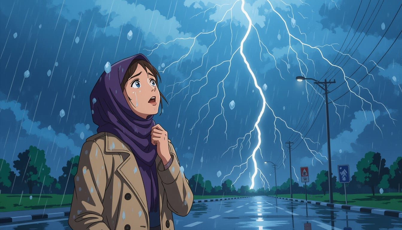 Woman Gazes Up at Stormy Damascus Sky