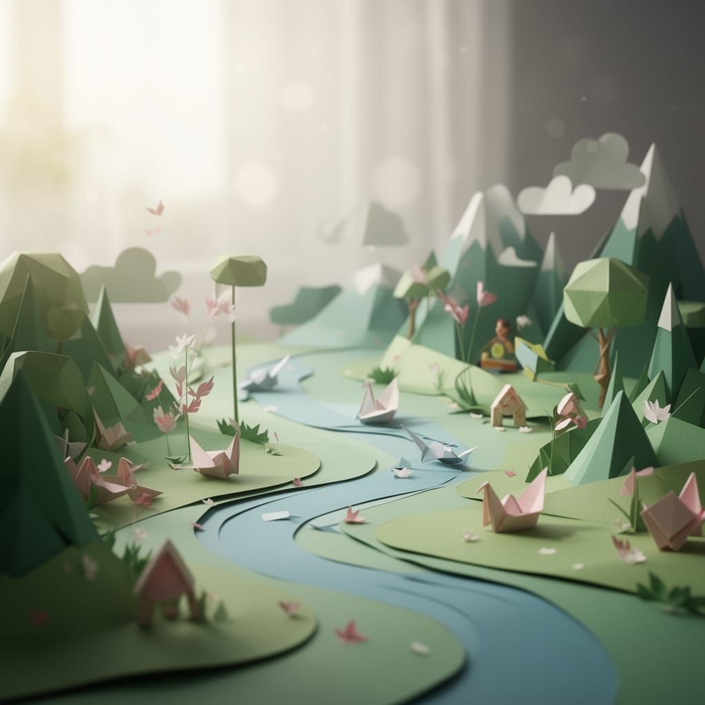 Origami Ikigai Scene in Soft Natural Light