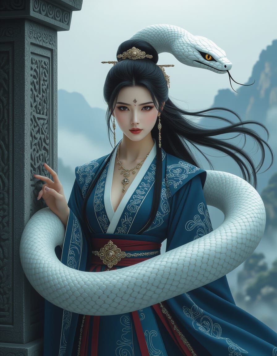 Ethereal White Snake Woman in Asian Landscape