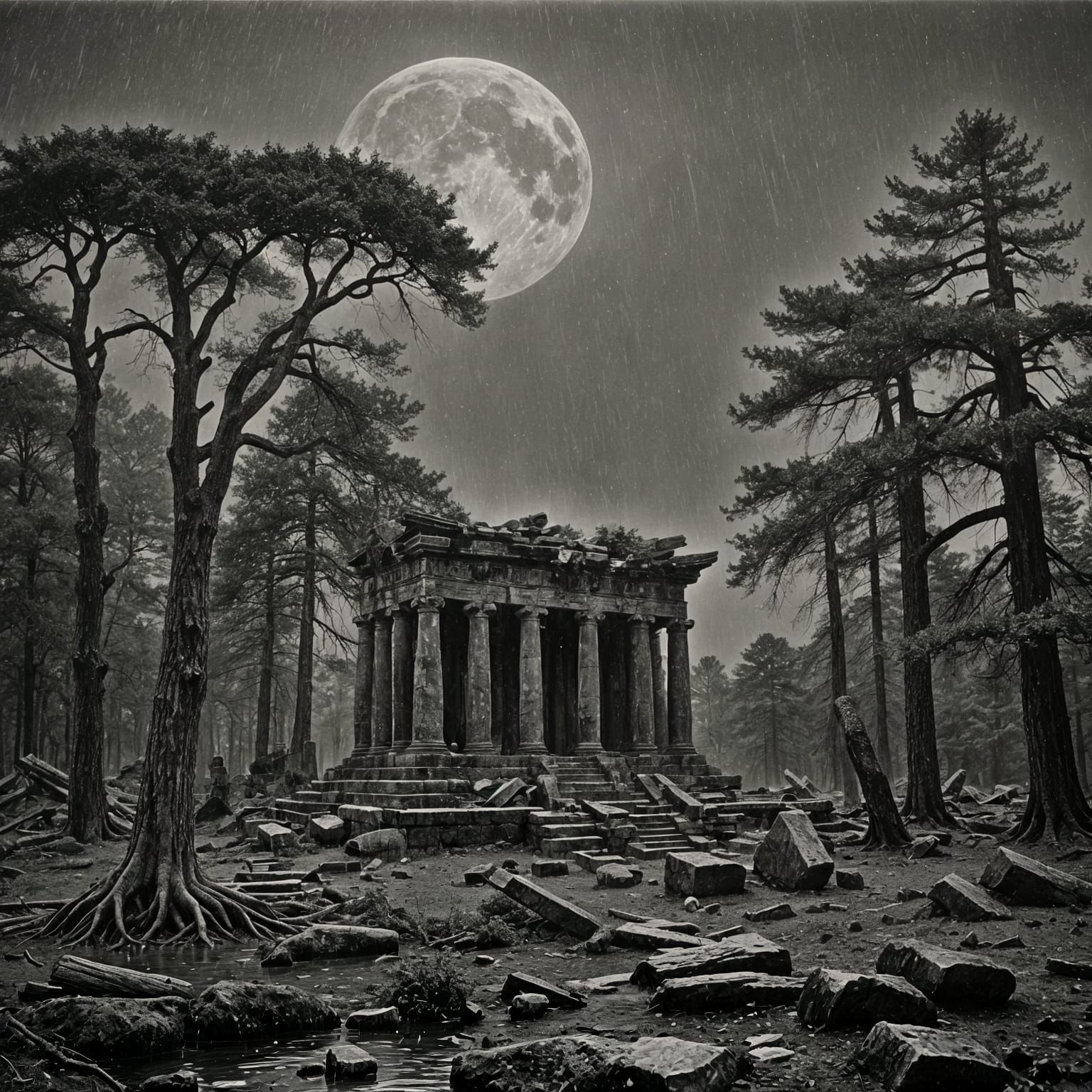 Ruined Temple in Pine Forest Under Moonlight