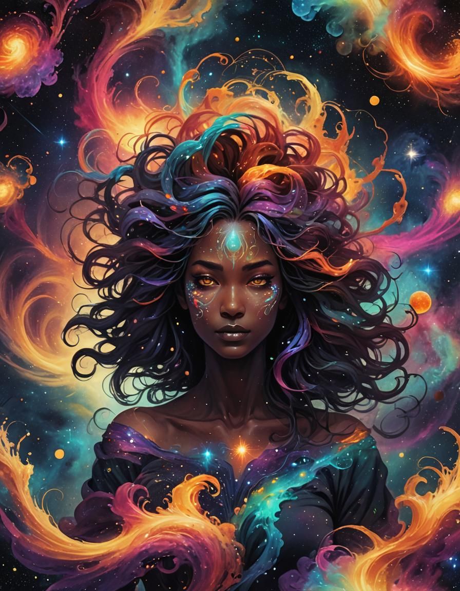 Cosmic Being with Galaxy Hair and Nebulae Eyes