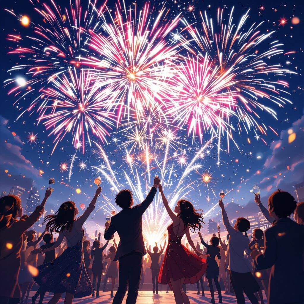 New Year's Eve Fireworks Celebration in 3D Anime Style