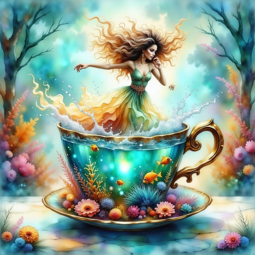 Lady Leaps into Teacup Ocean: Watercolor Painting