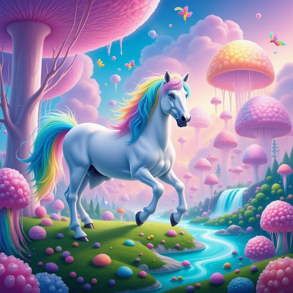 Luminous Unicorn in Rainbow Fantasy Landscape