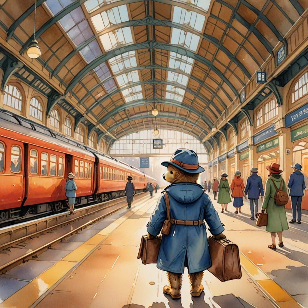 Paddington in Whimsical Train Station Watercolor