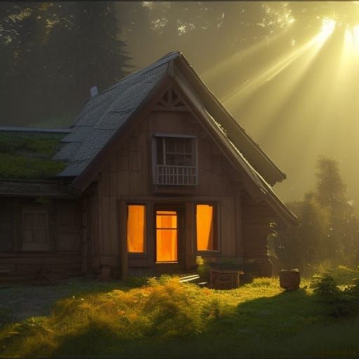 Sunlit Wooden House in Valley: Hyperdetailed Concept Art