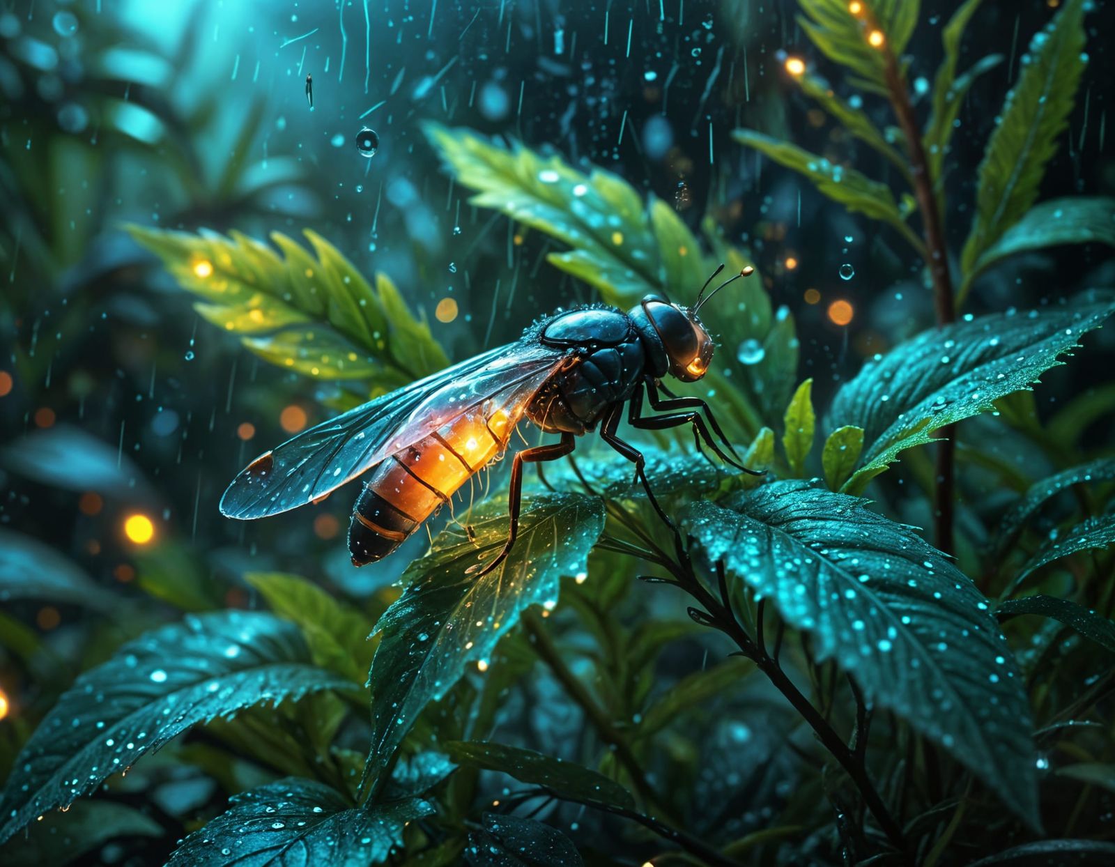 Glowing Firefly in Summer Rain, Astral Illustration