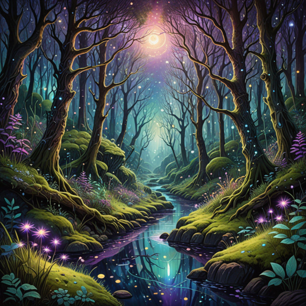 Whimsical Fantasy River Landscape in Ethereal Light