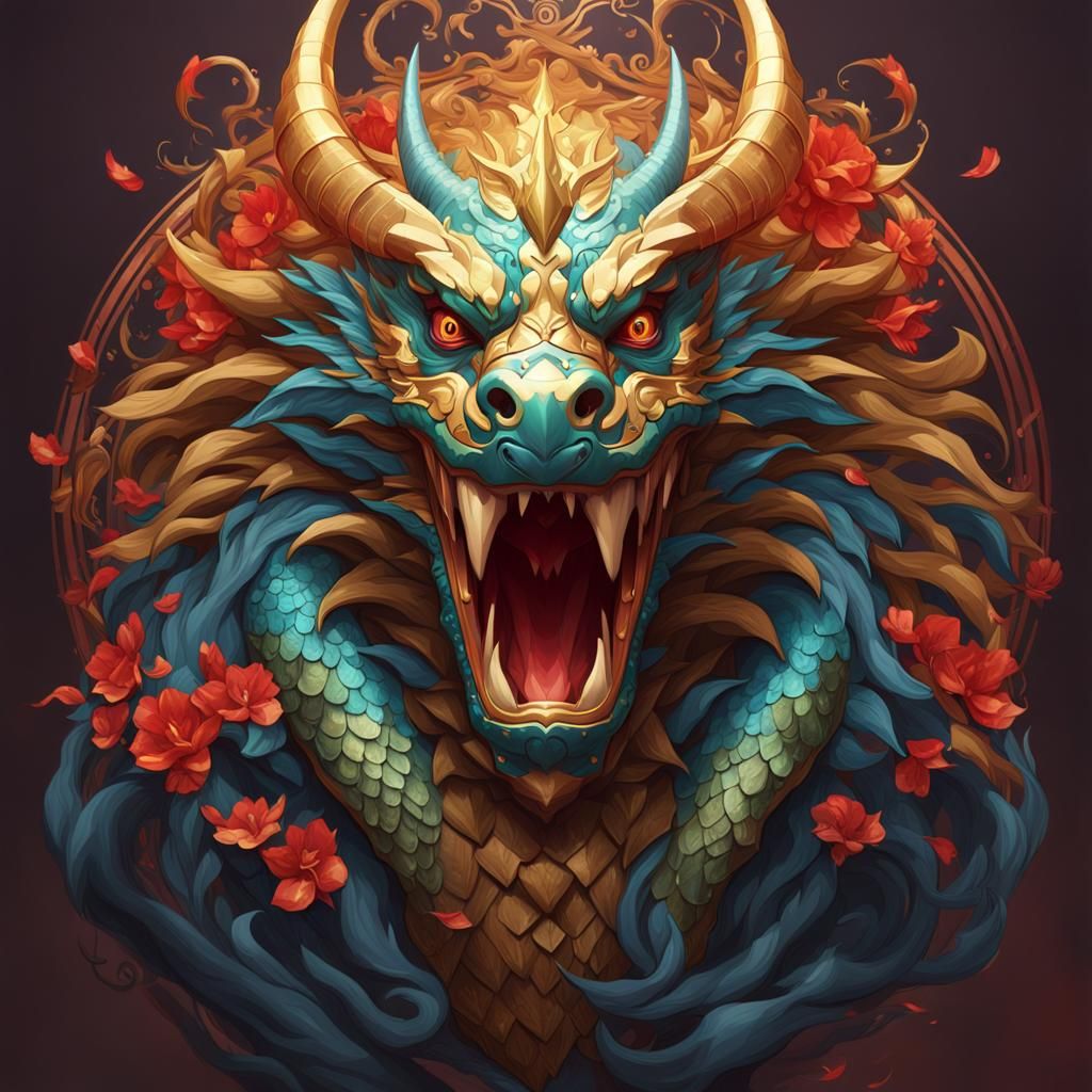 Detailed Dragon Portrait in Art Nouveau Style
