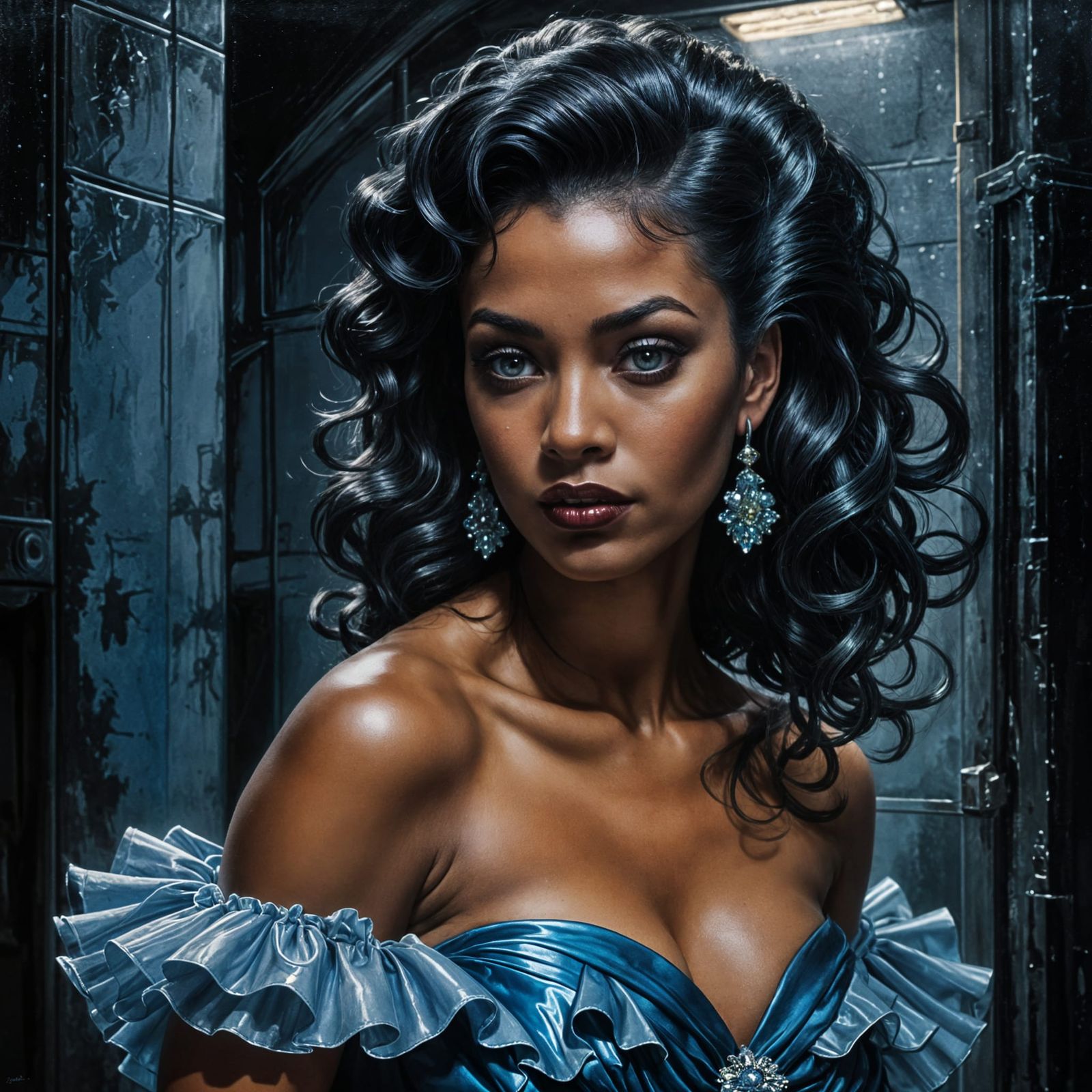 Ebony Goth Girl in Blue Gown as Oil Painting