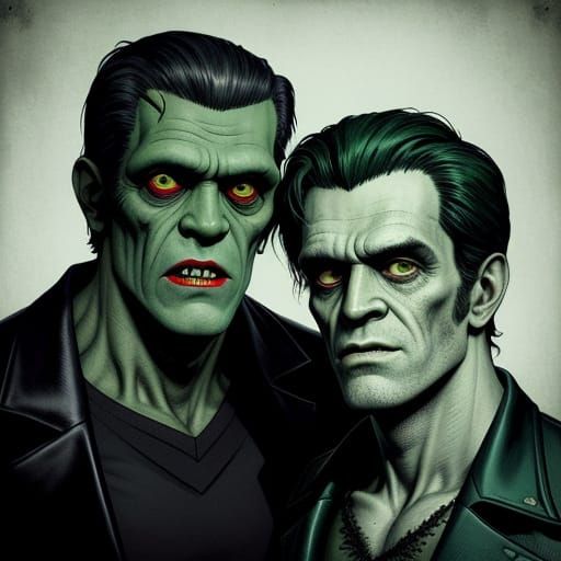 Frankenstein and Wolfman in Retro Duotone Comic Style