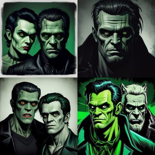 Frankenstein and Wolfman in Duotone Green