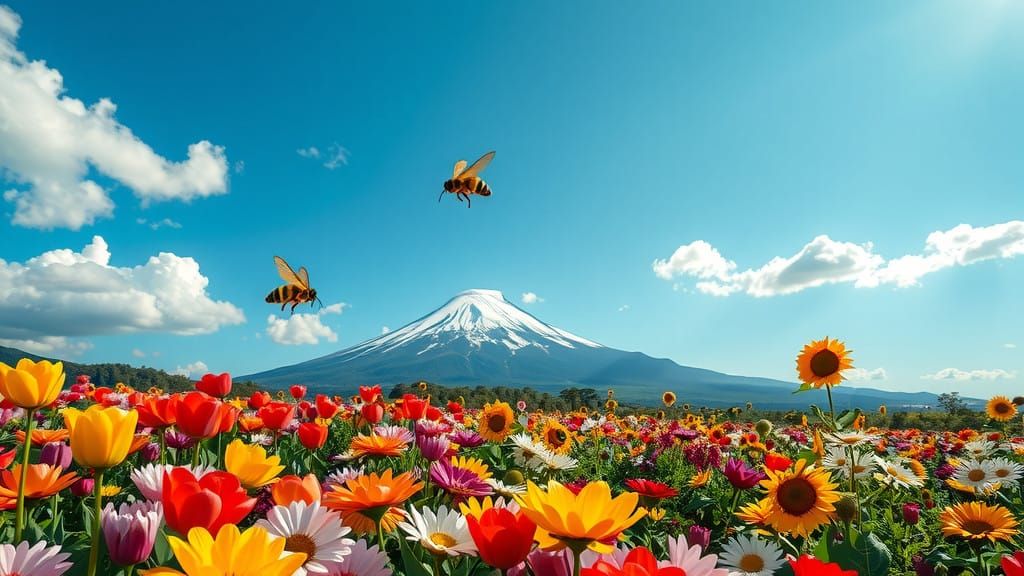 Vibrant Flower Garden Under Mount Fuji's Majestic Shadow