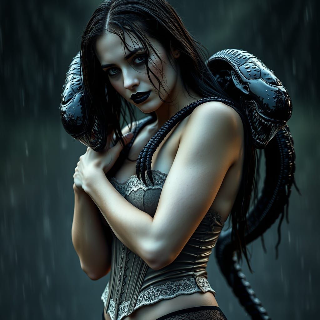 Gothic Woman Embraces Xenomorph in the Rain