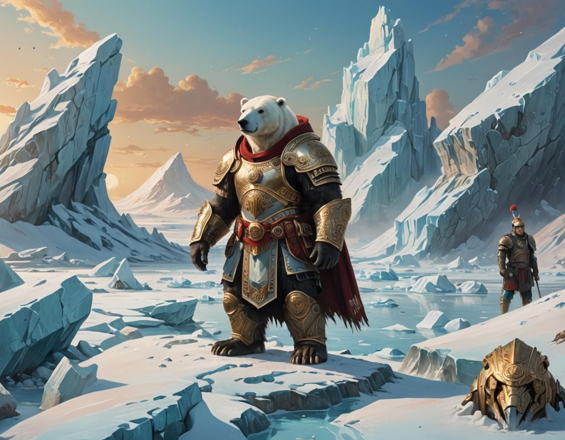 Glacial Warrior: A Polar Bear in Roman Armor Stands Vigilant...