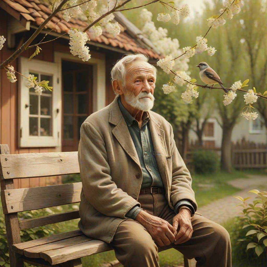 Folk Art: Old Man with Portrait in Cozy Yard