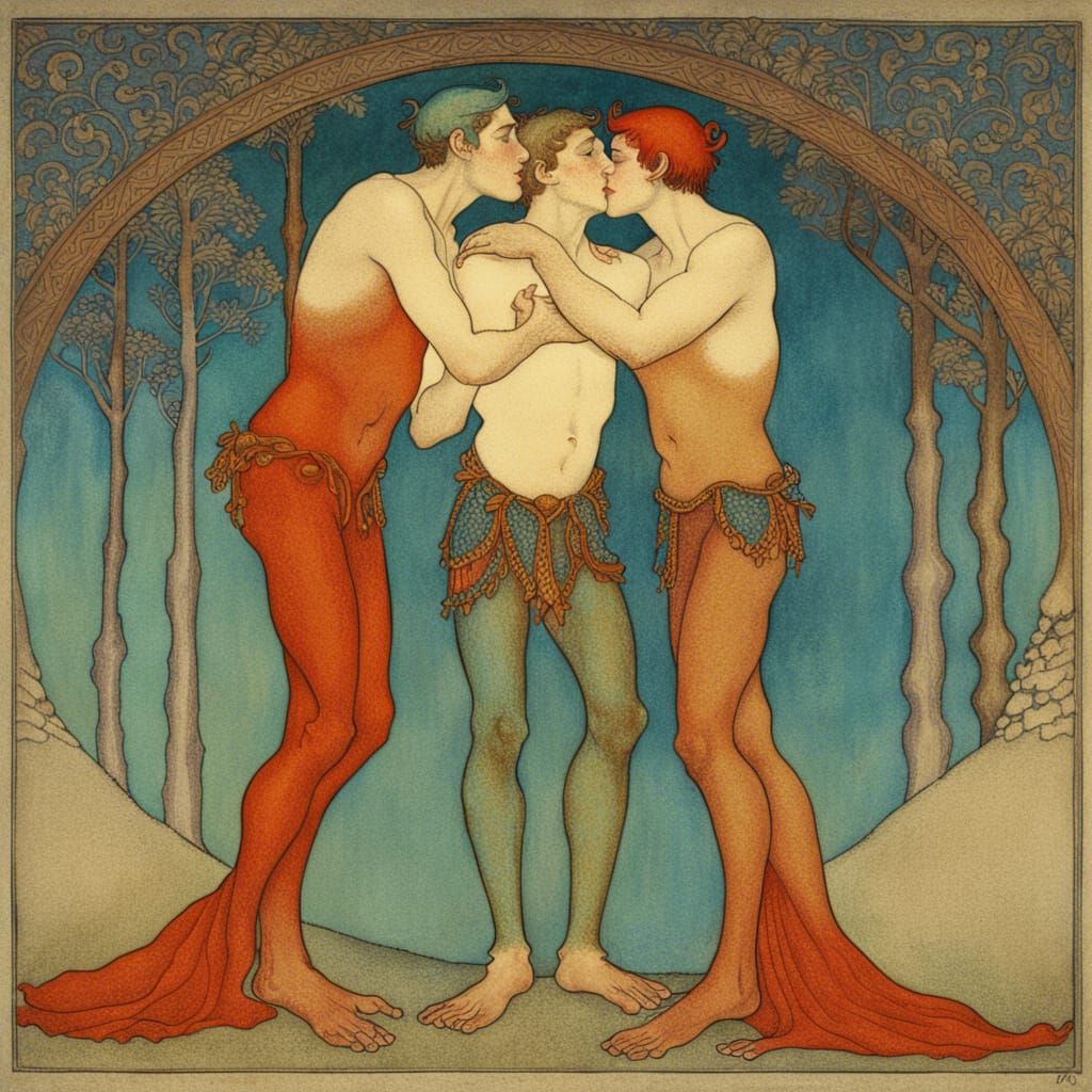 Elven Lovers Kiss in Edmund Dulac Style