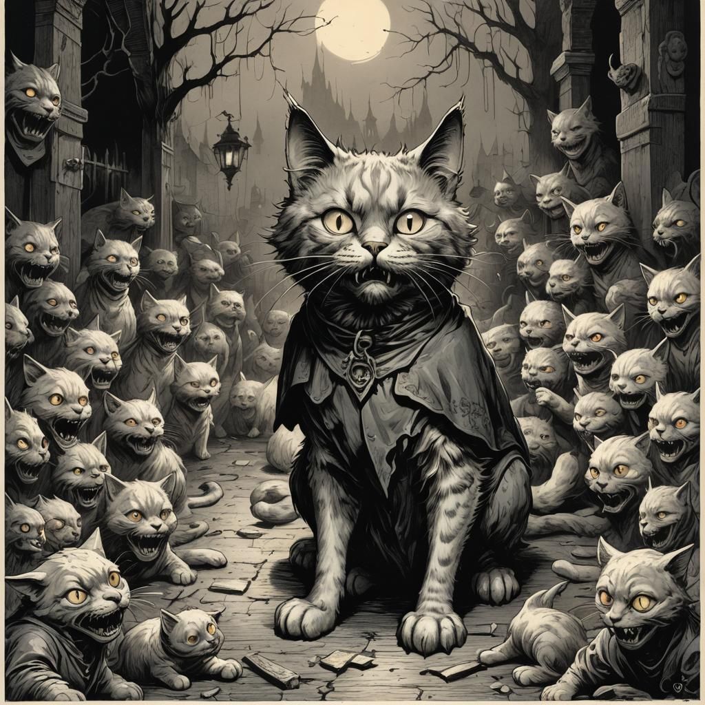 Horror Cartoon Cat in Engraving Style
