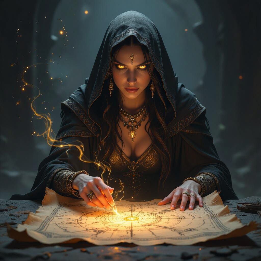 Ancient Sorceress Studies Celestial Map in Dark Fantasy Styl...