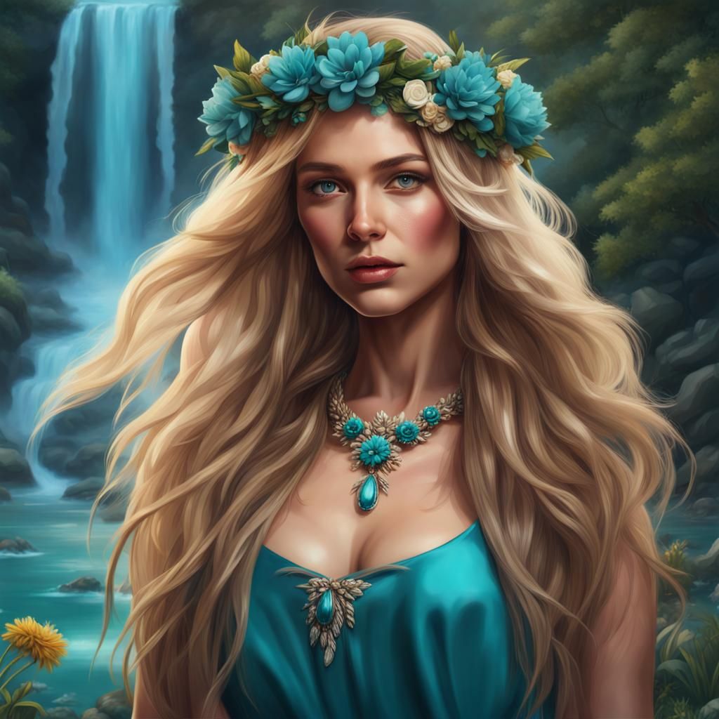 Blonde Woman with Flower Crown: Hyperrealistic Painting