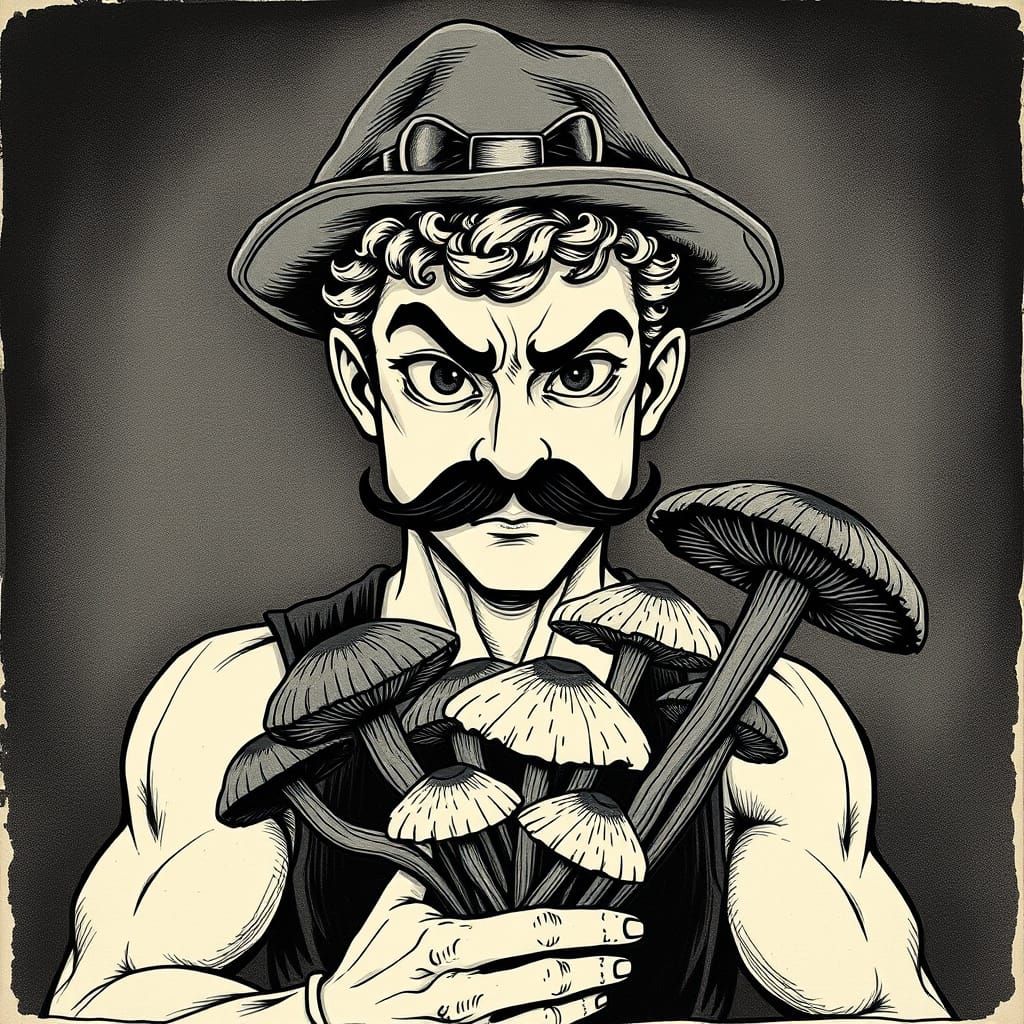 Mysterious Mushroom Hunter in Edward Gorey Style