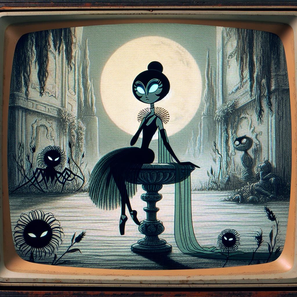 Silhouette Princess in Abandoned Garden Cartoon