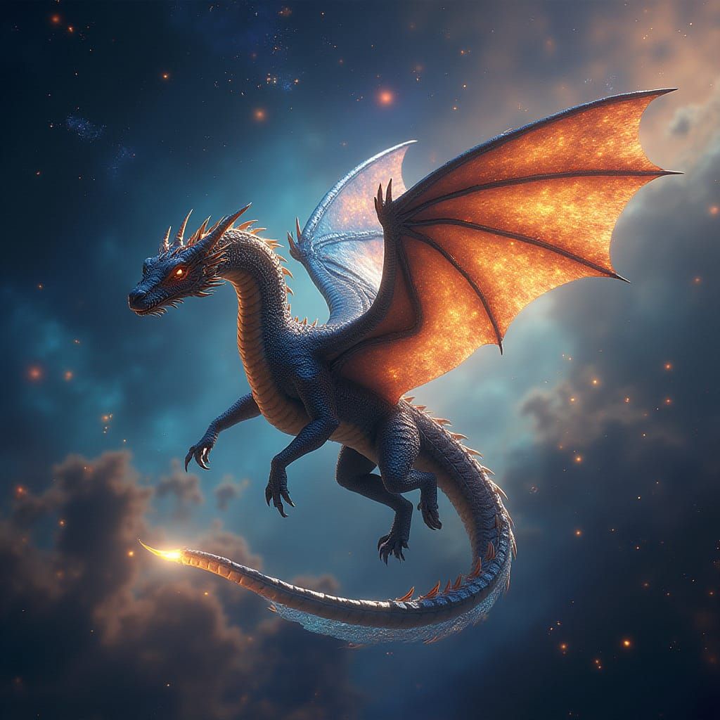 Cosmic Dragon Soaring Through Nebula in Art Nouveau Style