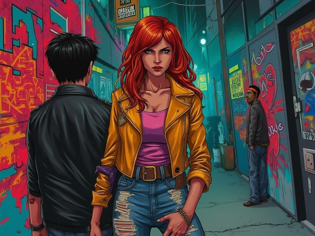 Confident Woman Makes a Deal in a Neon-Lit Alleyway