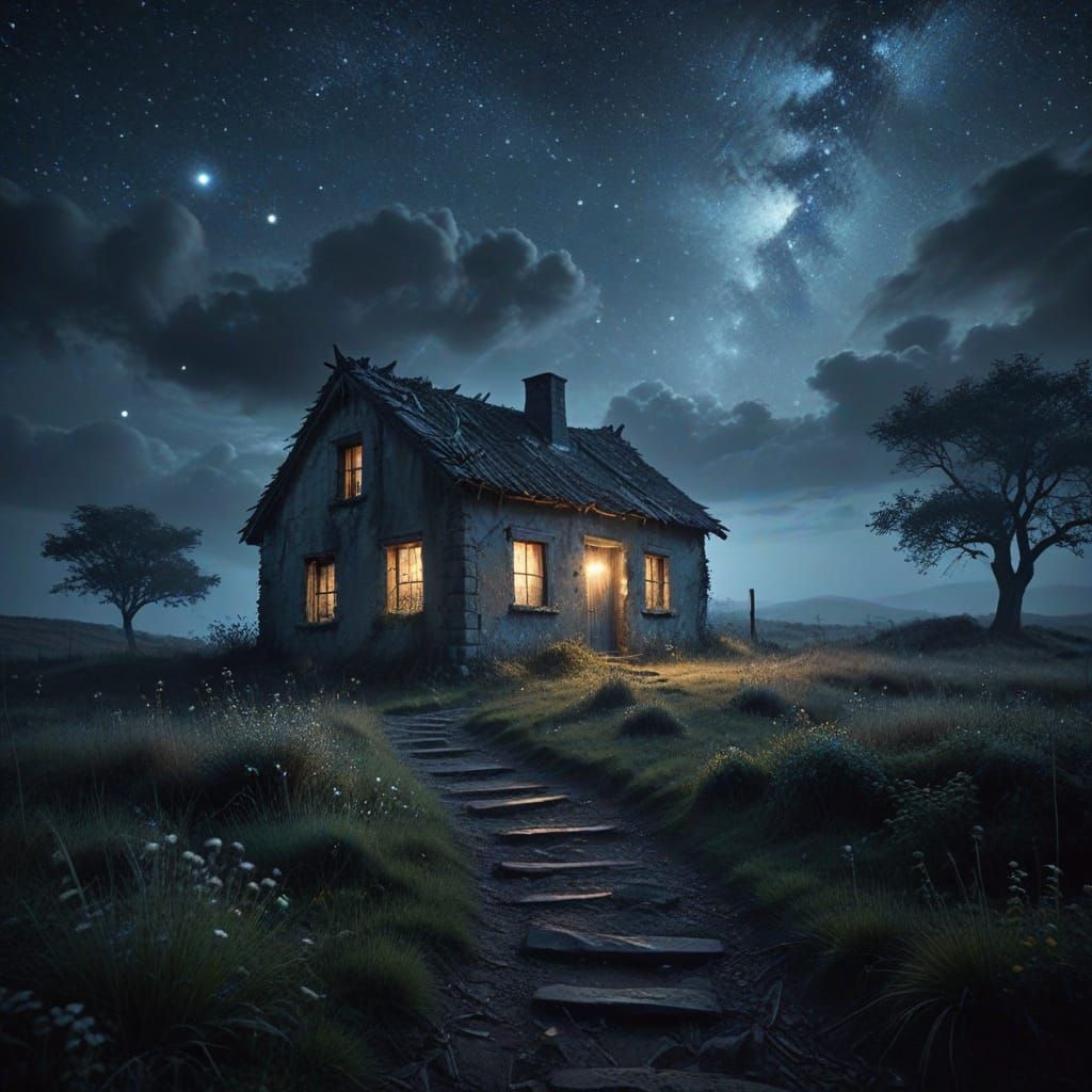 Eerie Stone Hut Under a Starry Night Sky