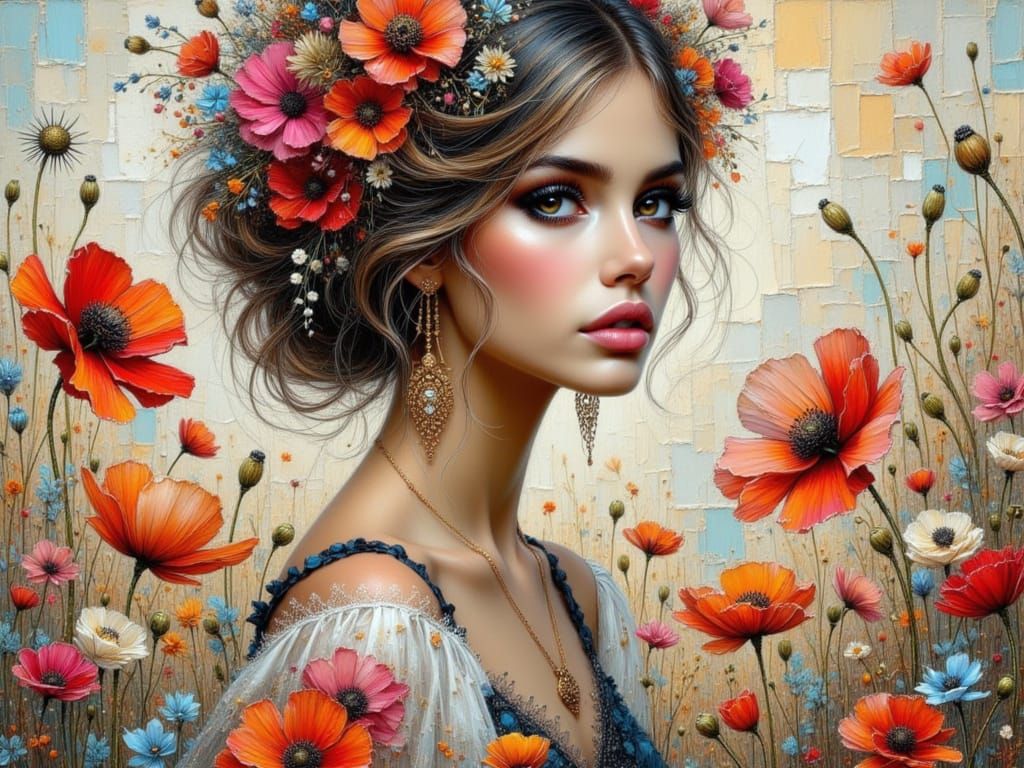 Bohemian Woman Among Poppies, Impasto Painting Style