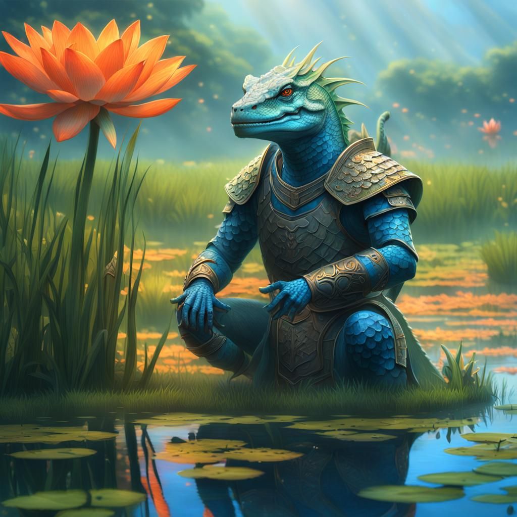 Lizardfolk Warrior in Misty Wetlands: Digital Matte Painting