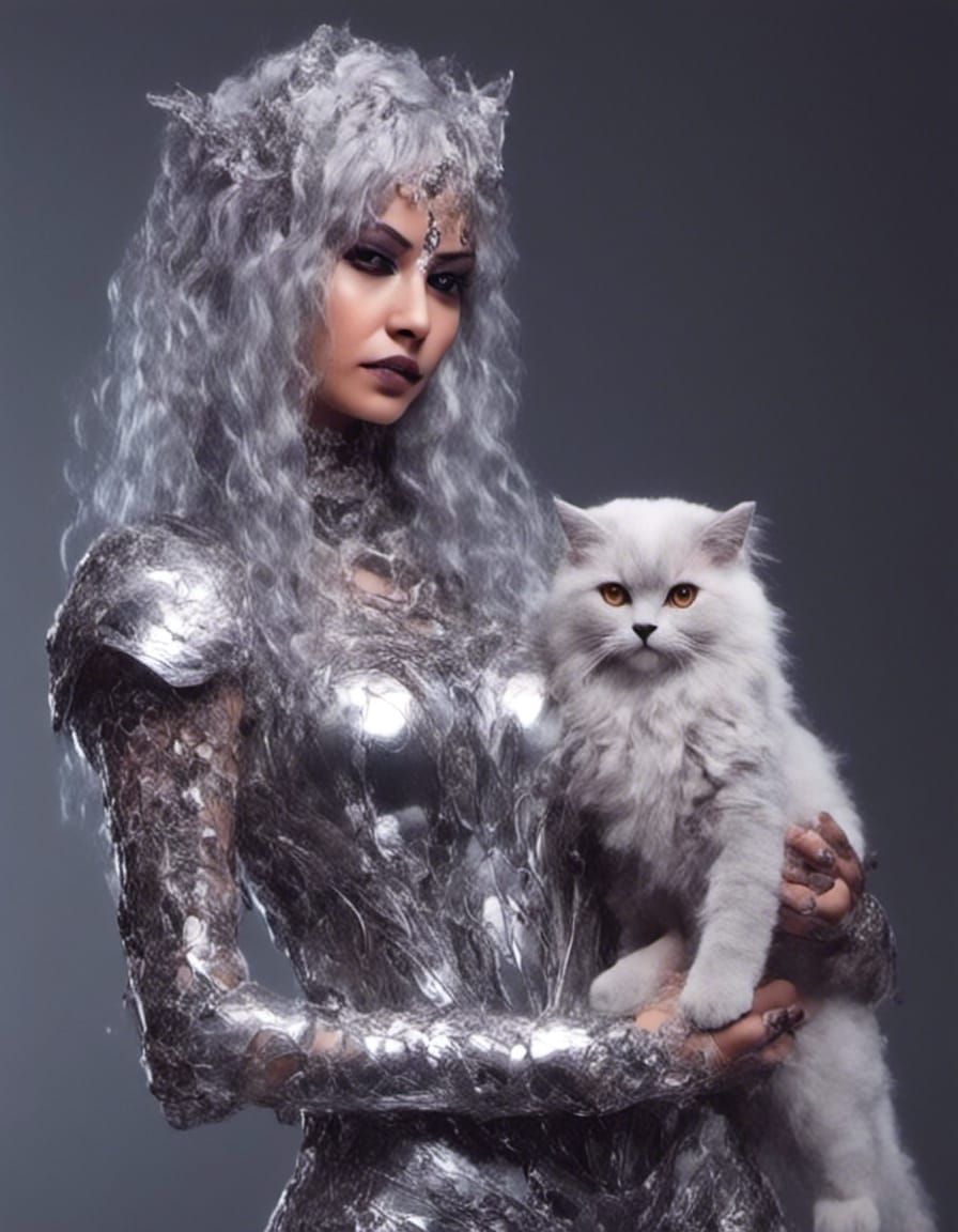 Retrofuturistic Woman with Cat in Silver Spacesuit