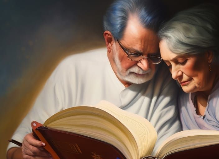 Elderly Couple Reading: Expressionist Watercolor Art