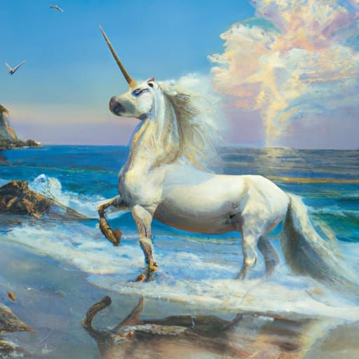 White Unicorn on Beach: Oil Painting